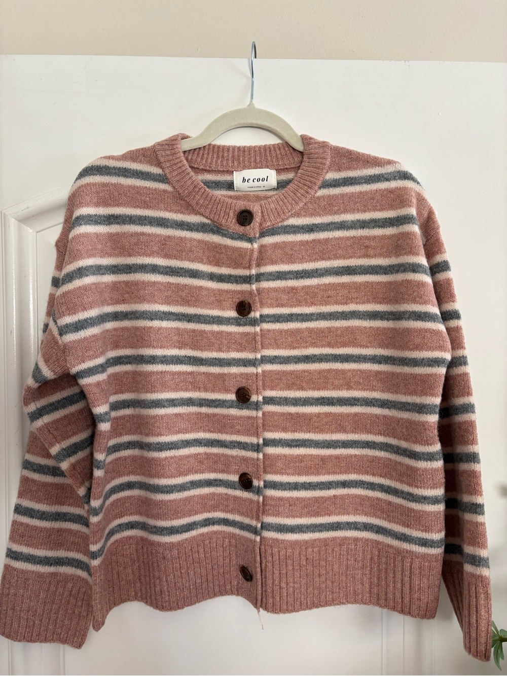 BE COOL Pink Gray Cream Striped Button-Up Cardigan